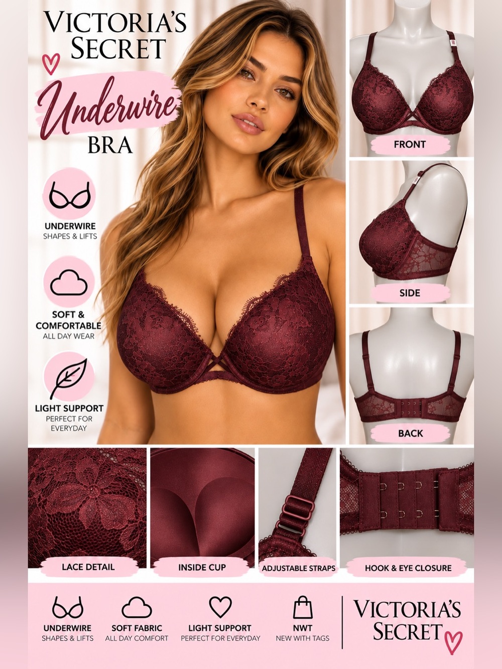 Victoria's Secret Burgundy Lace Plunge Push-Up Bra bombshell Sz 38C NWT